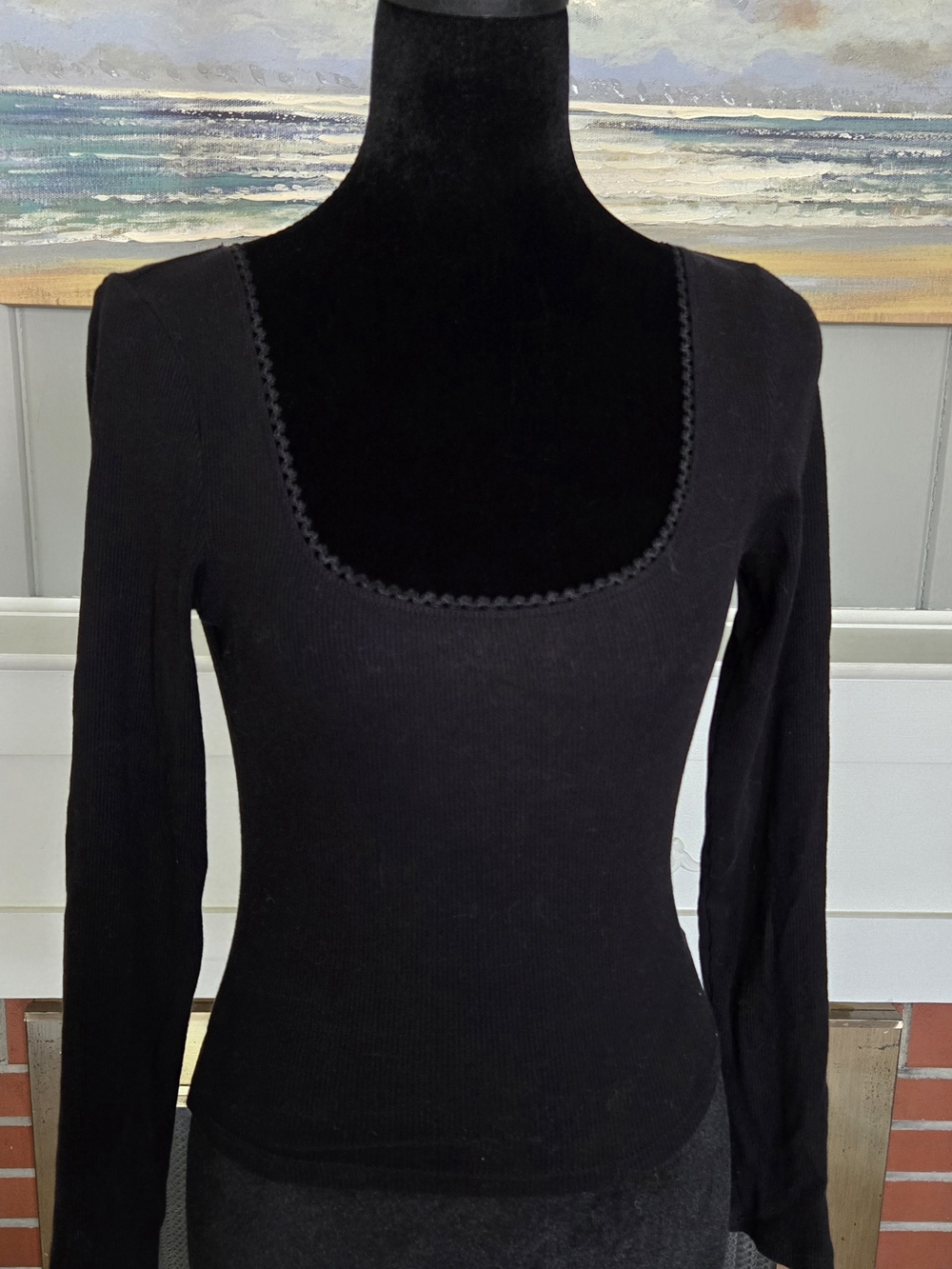 H&M Black Ribbed Scoop-Neck Long Sleeve Top